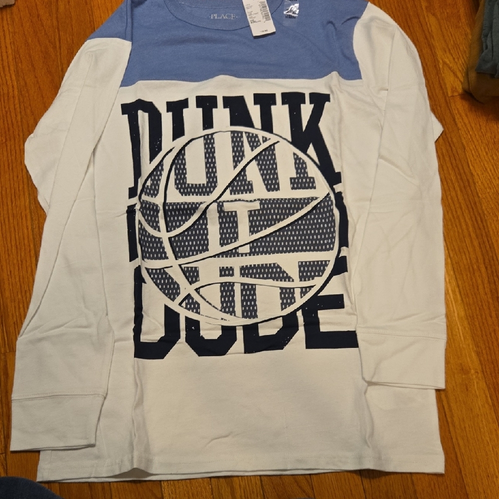NWT Childrens Place Blue and White Basketball Long Sleeve Tee